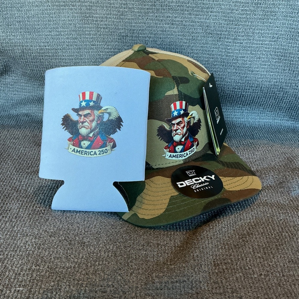 America 250 Trucker Hat & Koozie - Uncle Sam and Bald Eagle - Decky brand